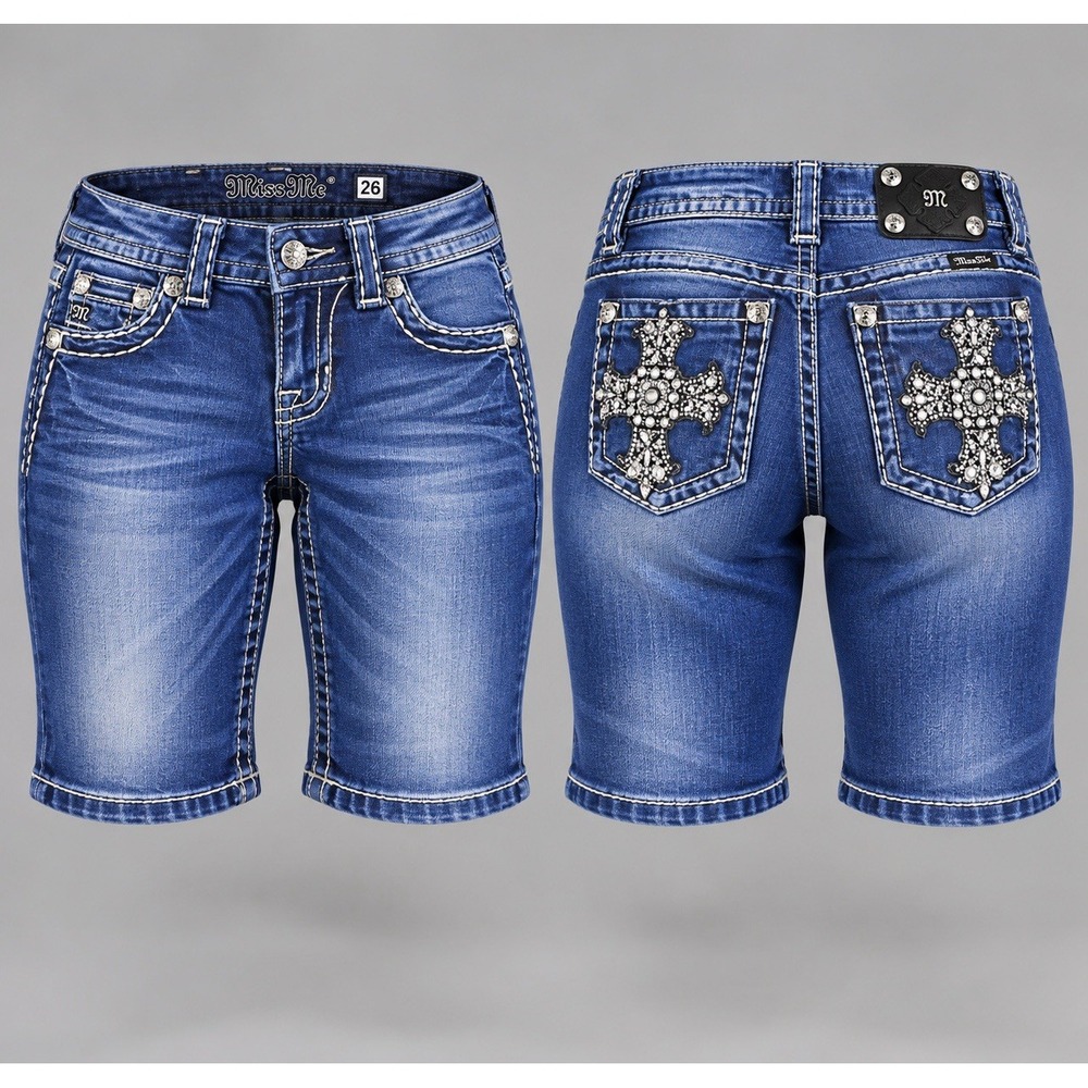 Miss Me Bermuda Shorts 26x12 Embellished Cross Pockets Stretch Denim Jp4788bmu
